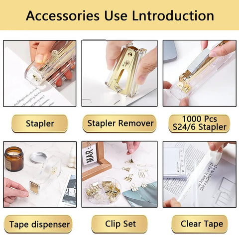 Six pieces of Gold Office Desk Kit 13 In 1 With Stapler Tape Dispenser Pen Holder Scissors Staple Remover Binder Clips Ruler Ballpoint Pens Clear Tape Phone Stand And More A Perfect Gift For Your Boss Or Office Crew displayed in a grid, showing the stapler, staple remover, tape dispenser, clip set, and clear tape.