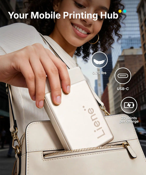 Woman placing Portable AI Photo Printer For iPhone And Smartphone, Instant Mini Sticker Printer with Bluetooth, into purse.