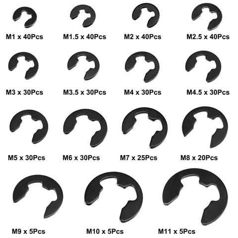 All In One Snap Ring Kit 400 Pcs External Retaining Circlips Set With 15 Metric Sizes From 1mm To 11mm Blackened Carbon Steel Durable E Clips For Shafts And Housings Great For DIY Auto And Machinery Projects arranged in grid format