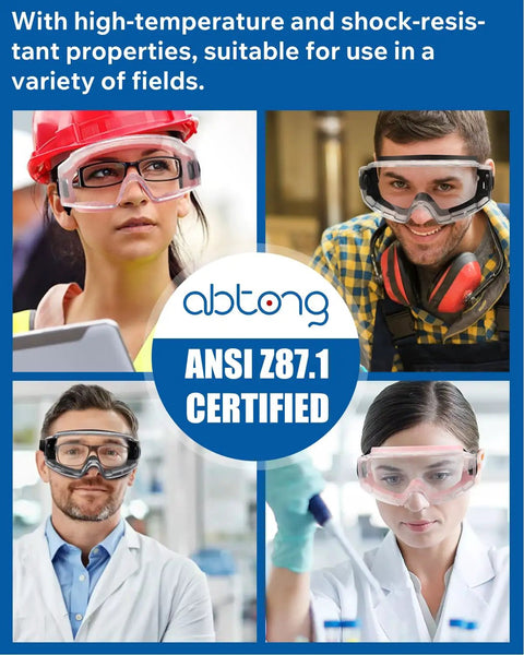 Collage of people wearing over glasses safety goggles with anti fog clear lens for lab work and industrial use, ANSI Z87 1 certified.