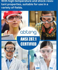 Individuals wearing ANSI Z87.1 certified goggles in lab and construction settings, showcasing eye protection.