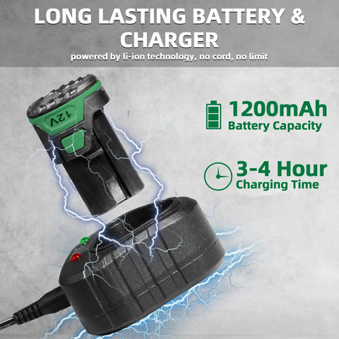 Battery and charger for Cordless 12V Max Power Drill With 3/8 Inch Keyless Chuck, Lightweight And Compact, 20+1 Torque Settings