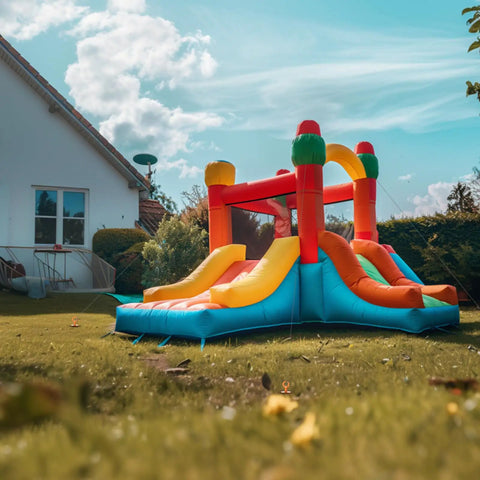 Inflatable bounce house in yard with visible Beefy Heavy Duty Ground Anchor Screws in 4 pack with nuts and tool spiral trampoline anchors.