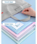 Mesh Zipper Pouch With Double Pocket Waterproof File Bag With Handle, A4 Foldable Document Storage shown in gray and pastel colors