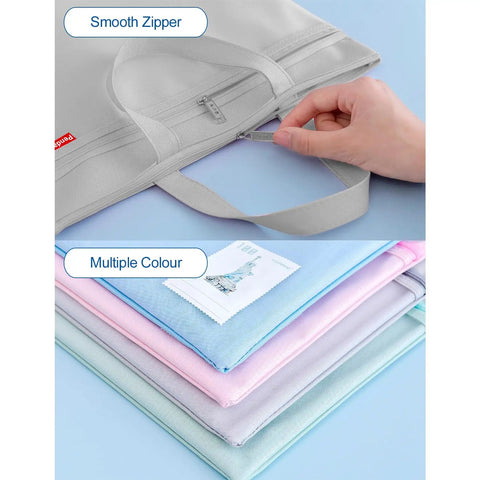 Mesh Zipper Pouch With Double Pocket Waterproof File Bag With Handle, A4 Foldable Document Storage shown in gray and pastel colors
