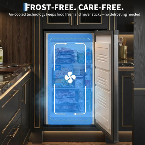 Dang Solid Upright Freezer 3.1 Cu Ft Single Door Vertical Deep Storage With Adjustable Shelves And Simple Mechanical Temp Control No Fuss Build For Garage Kitchen Or Basement In Slick Stainless Steel Finish with open door showcasing frozen items.