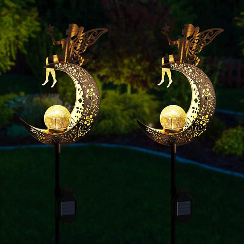 Solar Powered Angel Moon Dope Crackle Glass Globe Path Lights For Garden Lawn Patio Or Courtyard Waterproof Warm White LEDs Outdoor Stake Decor Gift Set Perfect Holiday Gift Idea