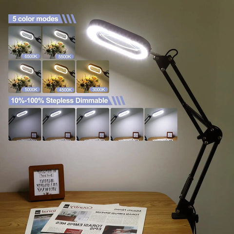 Helping Hands Soldering Station With 10X Rectangular LED Magnifier Lamp displaying 5 color modes and adjustable brightness on a desk.