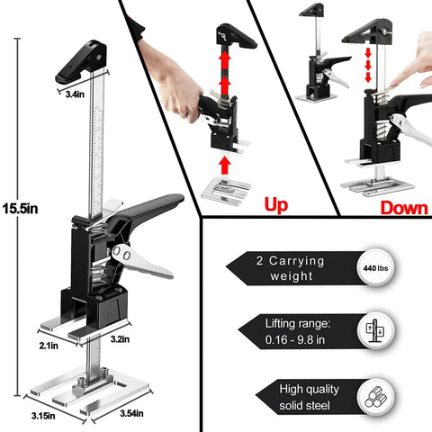 Diagram of Heavy Duty Furniture Lifter Jacks 2 Pack, 15.5 Inch Portable Arm Hand Lifting Tool, lift 0-9.8 inches, supports 440 lbs.