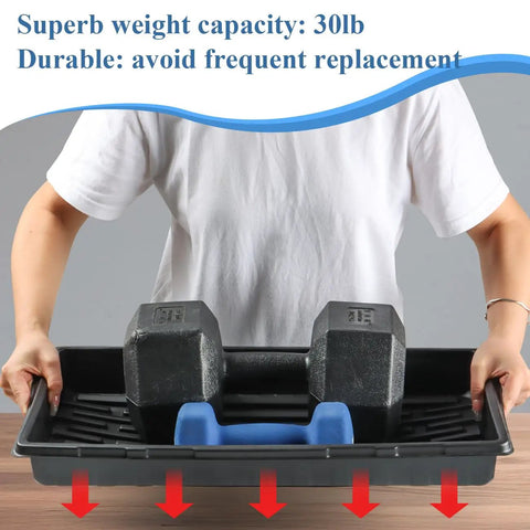 Person holding Ten Pack Heavy Duty 1020 Seed Trays Set with dumbbells to show strength, extra thick plastic, no bend, handles heavy soil.