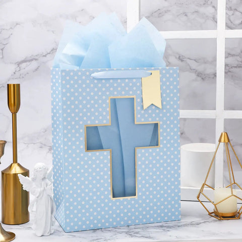 Blue Cross Window Gift Bag With Ribbon Handles, Totally Perfect For Baby Boy Baptisms, Christenings, And First Communions, Comes With Tissue Paper, 10 By 5 By 13 Inches, 1 Bag in decorative setting