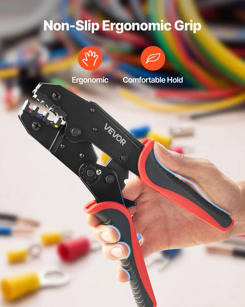 Heavy Duty Ratcheting Wire Crimper Pliers For 22 To 10 AWG Electrical Terminals with ergonomic non-slip grip in hand.