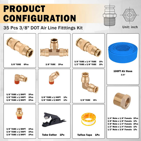 All In One 3 By 8 Inch Brass DOT Air Fittings Kit With 100 Ft Blue Air Line Hose, quick connects, tee, elbows, adapters visible