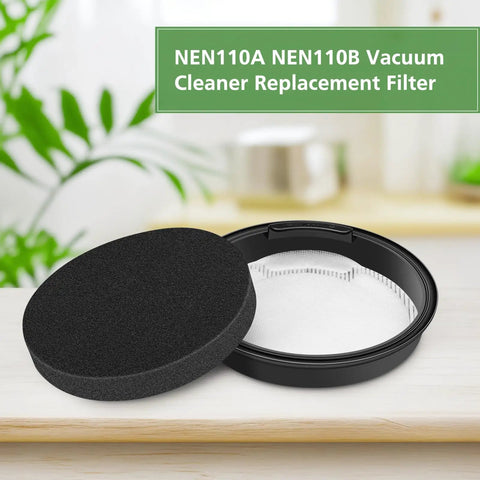 Replacement Vacuum Filter Kit With Inlet Frame And Sponge For Whirlwind Bagless Canister Vacuum Cleaner Models NEN110A NEN110B NEN110D Pack Of 4 Washable And Reusable For Easy Cleaning, shown with black sponge and white filter.