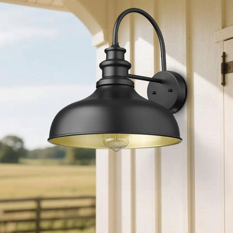 Old School Vintage Black Farmhouse Wall Light Sconce With E26 Socket Outdoor Wall Mount on porch wall, side view
