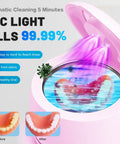 Dual Mode Ultrasonic Cleaner For Dentures Mouth Guards Toothbrush Heads And Jewelry 45 KHz Retainer Cleaner With 5 Minute Quick Blue Light Clean And 3 Minute Deep Purple Light Clean Pink, open pink unit