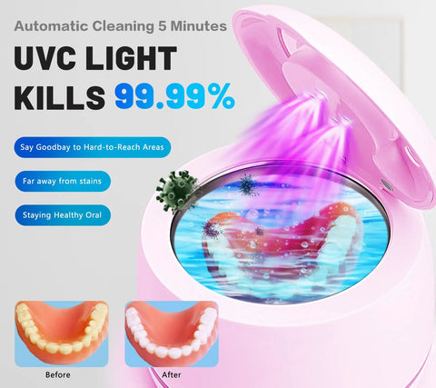 Dual Mode Ultrasonic Cleaner For Dentures Mouth Guards Toothbrush Heads And Jewelry 45 KHz Retainer Cleaner With 5 Minute Quick Blue Light Clean And 3 Minute Deep Purple Light Clean Pink, open pink unit
