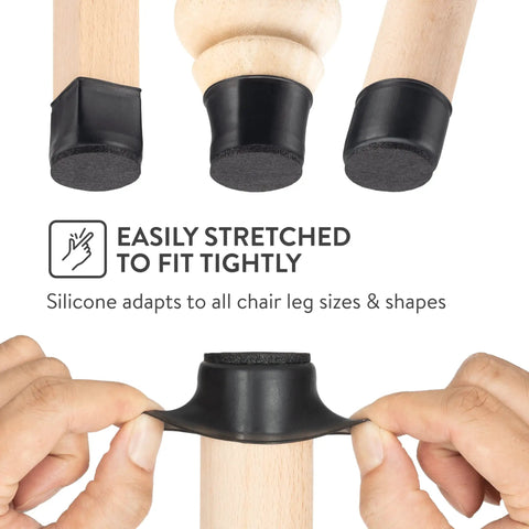 Chair Leg Floor Protectors 16 Pieces Black With Soft Felt Bottom And Silicone Pads being stretched to fit chair leg
