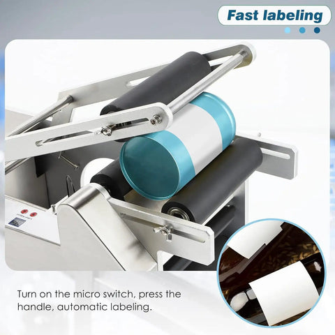 Desktop Round Bottle Labeling Machine Semi Automatic For Plastic Glass Metal Bottles Adjustable Diverse Diameters Wrinkle Free 30 Pcs Per Min Compact Easy Setup Efficient Workflow with rollers and labels in use.