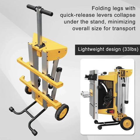 Rolling Table Saw Stand Built For Heavy Duty Jobs, Go-To Portable Foldable and Easy To Move, side view with foldable legs and wheels