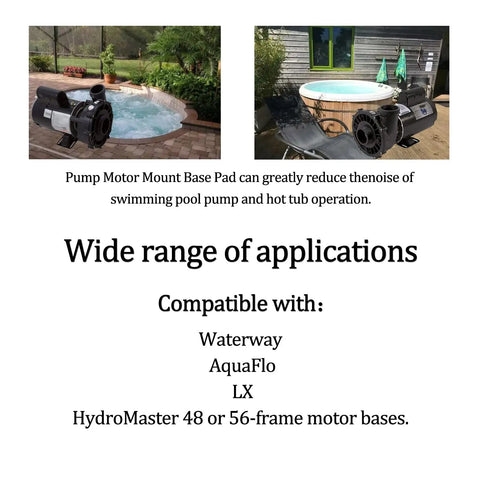 Pool Pump Pad Anti-Vibration Mount Base For Quiet Operation In Pools And Hot Tubs shown with pumps