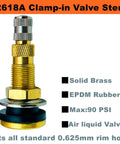 Tubeless Tire Valve Stems For Tractors And Industrial Agricultural Wheels Clamp In Liquid Ballast Valve Stems Pack Of 2 Brass With EPDM Rubber Rust Free Performance And Easy Fill On Tubeless Tires, showing solid brass construction with EPDM rubber, 90 PSI max
