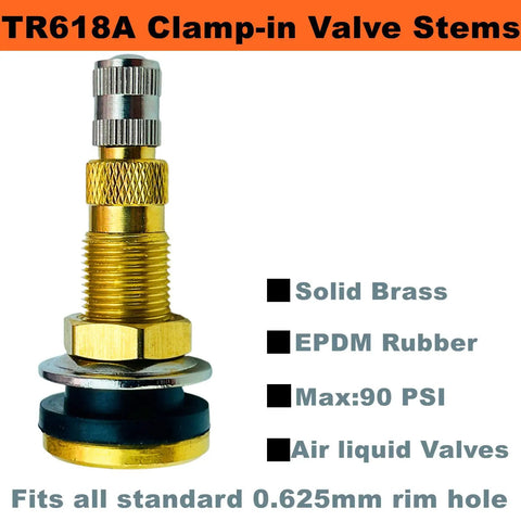 Tubeless Tire Valve Stems For Tractors And Industrial Agricultural Wheels Clamp In Liquid Ballast Valve Stems Pack Of 2 Brass With EPDM Rubber Rust Free Performance And Easy Fill On Tubeless Tires, showing solid brass construction with EPDM rubber, 90 PSI max