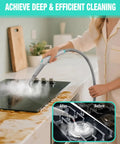 User cleaning stovetop with Heavy Duty 1500W Steam Cleaner With 4 Bar Pressure And 1.5L Tank Plus 16 Accessories.