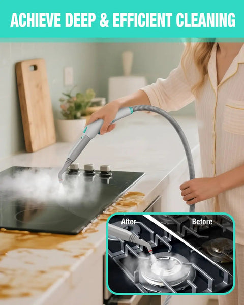 User cleaning stovetop with Heavy Duty 1500W Steam Cleaner With 4 Bar Pressure And 1.5L Tank Plus 16 Accessories.