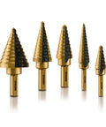 Beefy Five Piece Step Drill Bit Set For Metal With Fifty SAE Sizes From One Eighth To One And Three Eighths Inch Titanium High Speed Steel