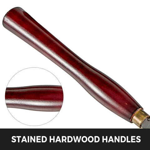Stained red hardwood handle of Eight Piece Wood Lathe Chisel Kit With HSS Blades, ideal for wood carving.