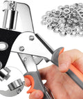 Grommet Tool Kit 3/8 Inch Heavy Duty Eyelet Pliers With 300 Pcs 10mm Metal Grommets Set, handheld use on black fabric