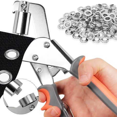 Grommet Tool Kit 3/8 Inch Heavy Duty Eyelet Pliers With 300 Pcs 10mm Metal Grommets Set, handheld use on black fabric