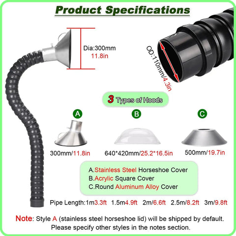 Premium Flexible 360 Degree Fume Extractor Hose With Articulated Industrial Duct Arm And Rock Solid Suction Hood, 300mm diameter