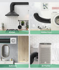Workhorse Easy Install 4 Inch Dryer Vent Hose With Two Clamps shown in kitchen, clothes dryer, bathroom, and air purifier setups.
