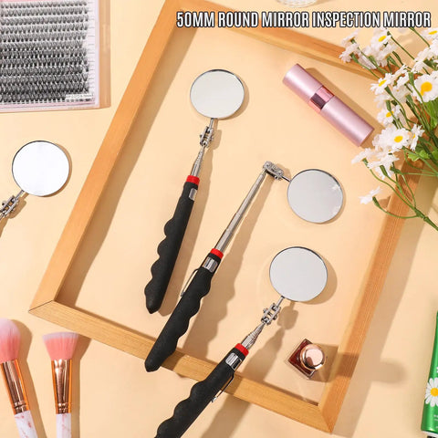 Six Pack Telescoping Inspection Mirrors Retractable 29 Inch Mechanical Mirror Tool with rubber grip on wooden tray