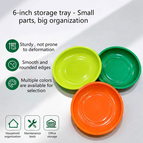 3 Pack Compact ABS Trays For Holding Metal Parts Office Supplies Electronics And Tools With Safe Rounded Edges 6 Inch Round Handy Go To Organizer For Home Shop Garage Desk, 6-inch round ABS trays in green, yellow, and orange