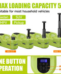 Front view of four lime-green Simtamy electric car jack kits (5T) with screw jacks and LCD control panel.