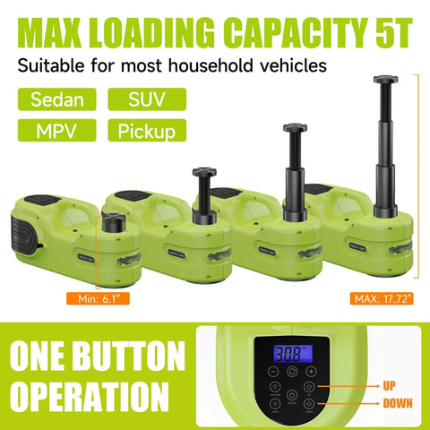 Front view of four lime-green Simtamy electric car jack kits (5T) with screw jacks and LCD control panel.