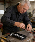 Ergonomic Precision Wire Bender Tool For Tight Cable Forming And Quick Custom Bends being used for wire shaping by a man in a workshop.