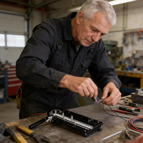 Ergonomic Precision Wire Bender Tool For Tight Cable Forming And Quick Custom Bends being used for wire shaping by a man in a workshop.
