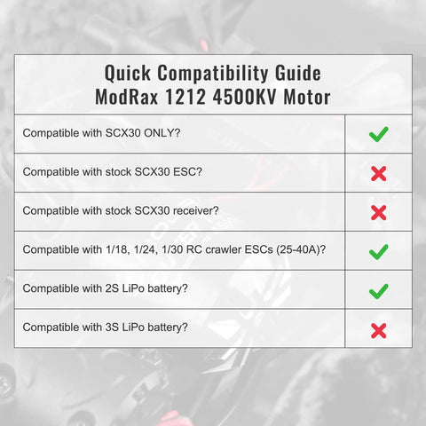 Compatibility guide for ModRax 1212 4500KV Outrunner Brushless RC Motor, highlighting compatibility with SCX30, ESCs, and 2S batteries.