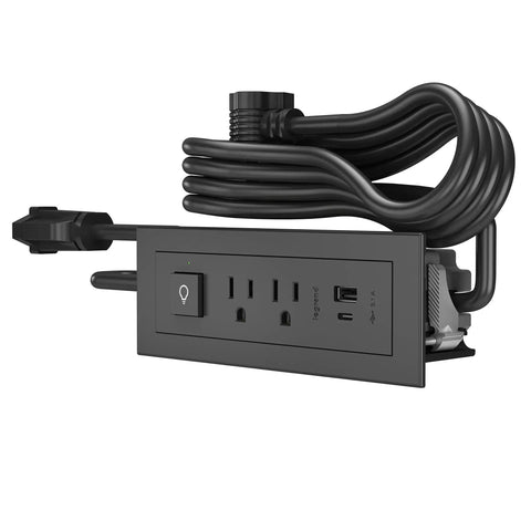 Radiant Furniture Power Center With USB And Switch Recessed Power Strip Two Outlets Type A USB And USB C Ports Six Foot Cord Black