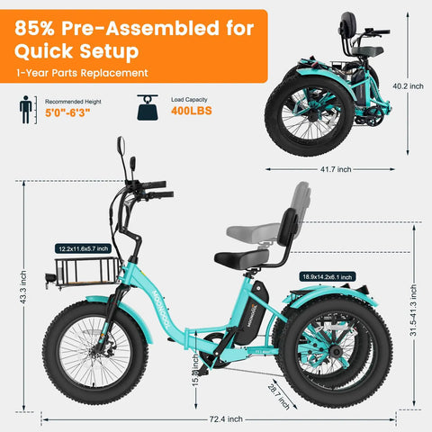 Electric Tricycle For Adults With 3 Wheels And Rear Differential, 500W And 750W Motor, Fat Tires 20x3 And 20x4, Stable And Easy Ride For Seniors, Smooth Control, Powerful Assist, Long Range Battery, mint green side view with dimensions