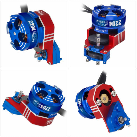 Four views of 30A Brushless Mini ESC And 2204 2400KV Outrunner Motor Transmission Kit For SCX24 Axial 1 24 RC Crawler Car Truck in blue red