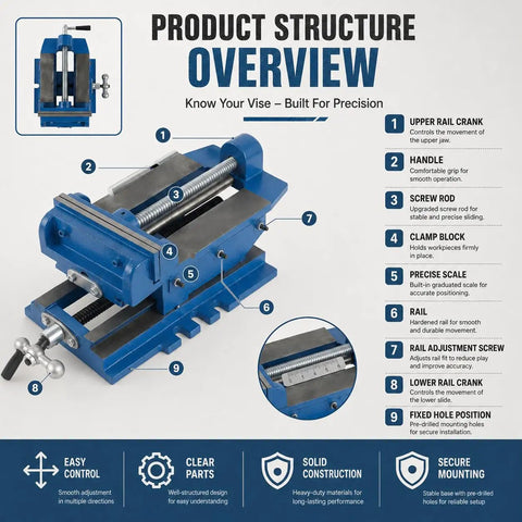 Industrial Grade Bench Vise With 6.3 Inch Jaw Width Built Tough for Real World Workshop Use display with labeled parts and features