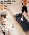 Walking Pad Treadmill With 10 Percent Incline For Home Office And Under Desk Use Ultra Compact Portable Treadmill With App Control And Remote Non Slip Running Belt Low Noise 285 Lb Capacity shown in use next to sleeping child.