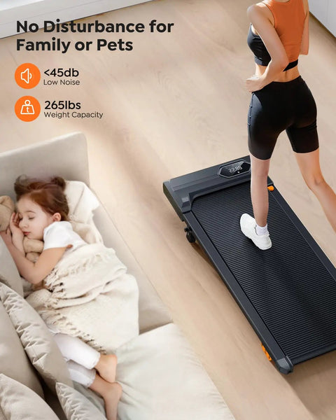 Walking Pad Treadmill With 10 Percent Incline For Home Office And Under Desk Use Ultra Compact Portable Treadmill With App Control And Remote Non Slip Running Belt Low Noise 285 Lb Capacity shown in use next to sleeping child.