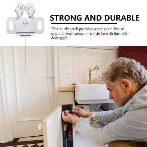 Quiet Heavy Duty Double Roller Cabinet Latch Set In Cold Rolled Steel 35 Piece Kit installed in kitchen cabinet