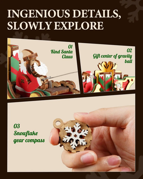 3D Wooden Puzzle Gravity Swing Santa On Sleigh Desktop Decor With Dynamic Balance For The Holidays, Festive Puzzle Gift For The Fam And Friends, Fun Desk Ornament That Swings Smoothly Into Perfect Equilibrium. wooden Santa sleigh puzzle parts and snowflake gear compass